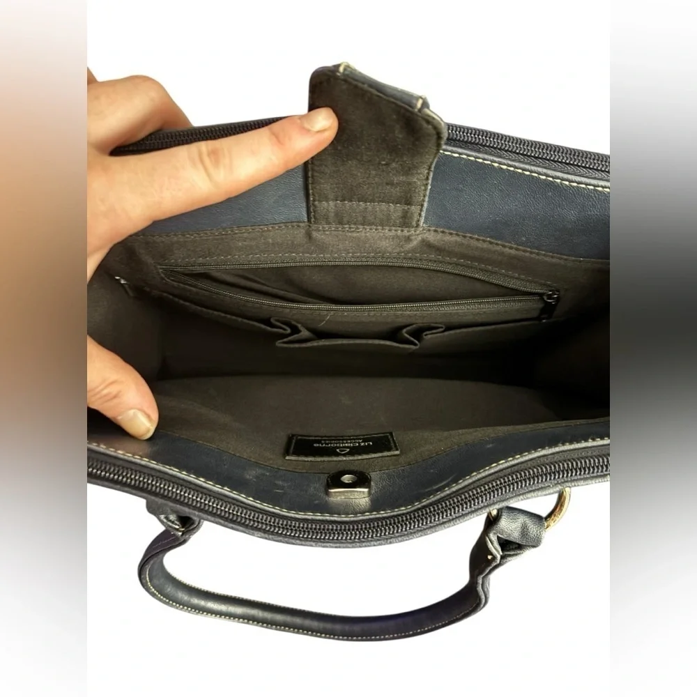 Vintage Chic Navy Faux Leather Satchel with Lots of Storage and Silver Accents
